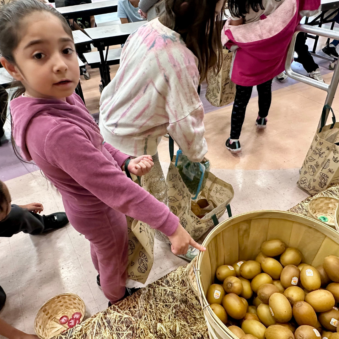 A young female student points to kiwi at a farmers market at Ries ES