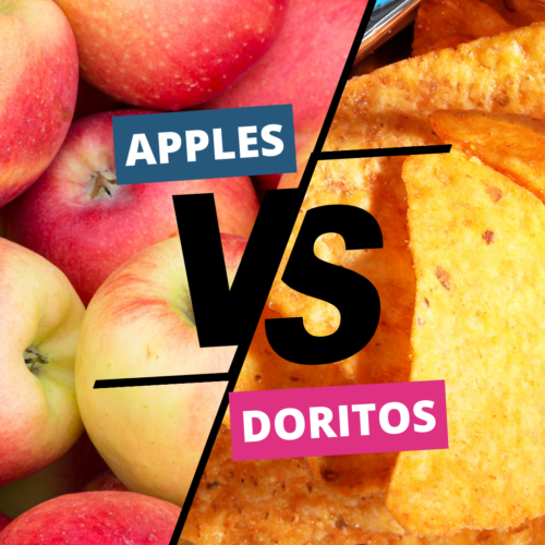 A split photo of Apples on the left and Doritos on the right. Text says "Apples vs. Doritos"
