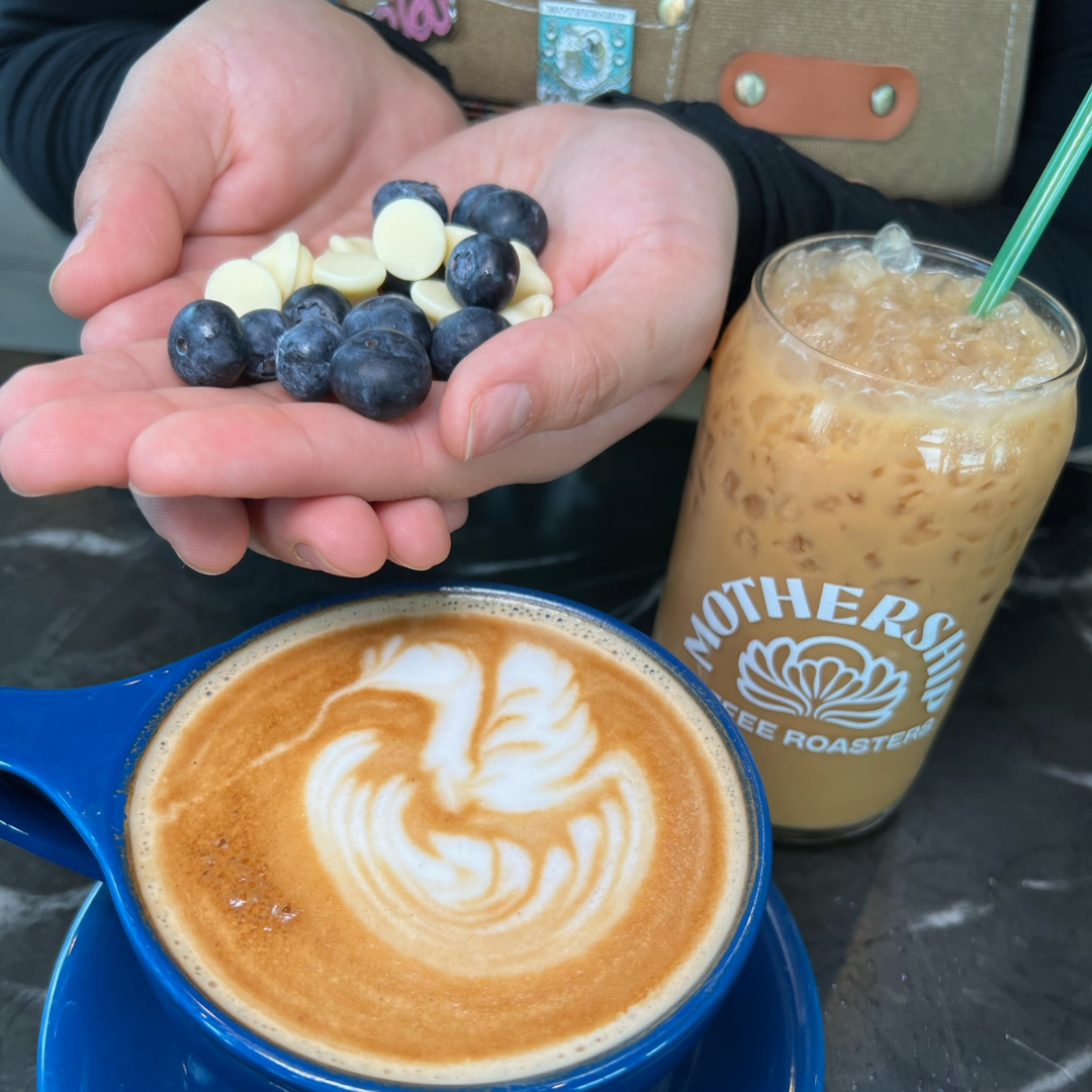 Hands holding blueberries and white chocolate chips next to a glass of iced coffee and a hot cup of latte.