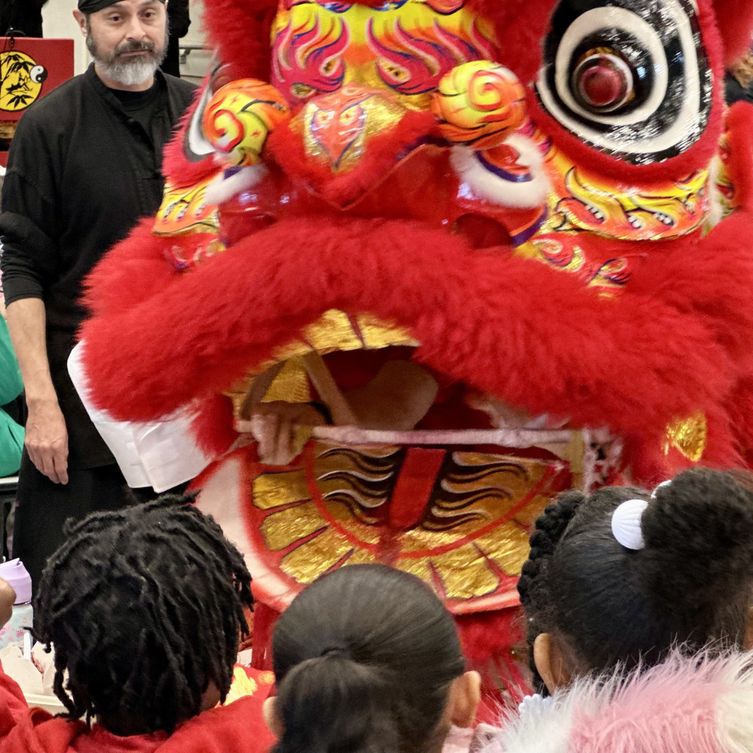 Red lion interacting kids