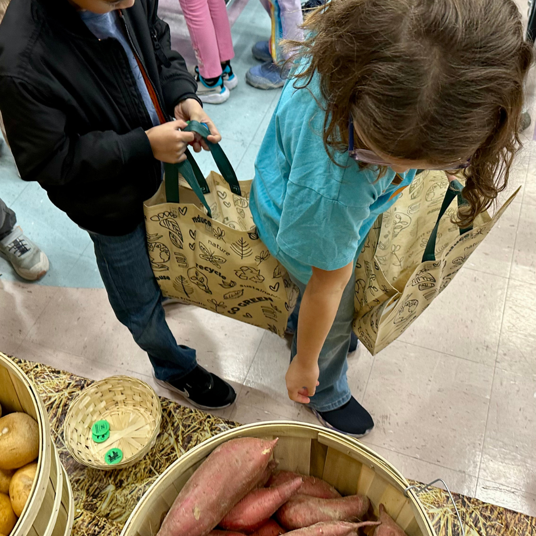 Students shop for sweet potatoes at a farmers market at Ries ES