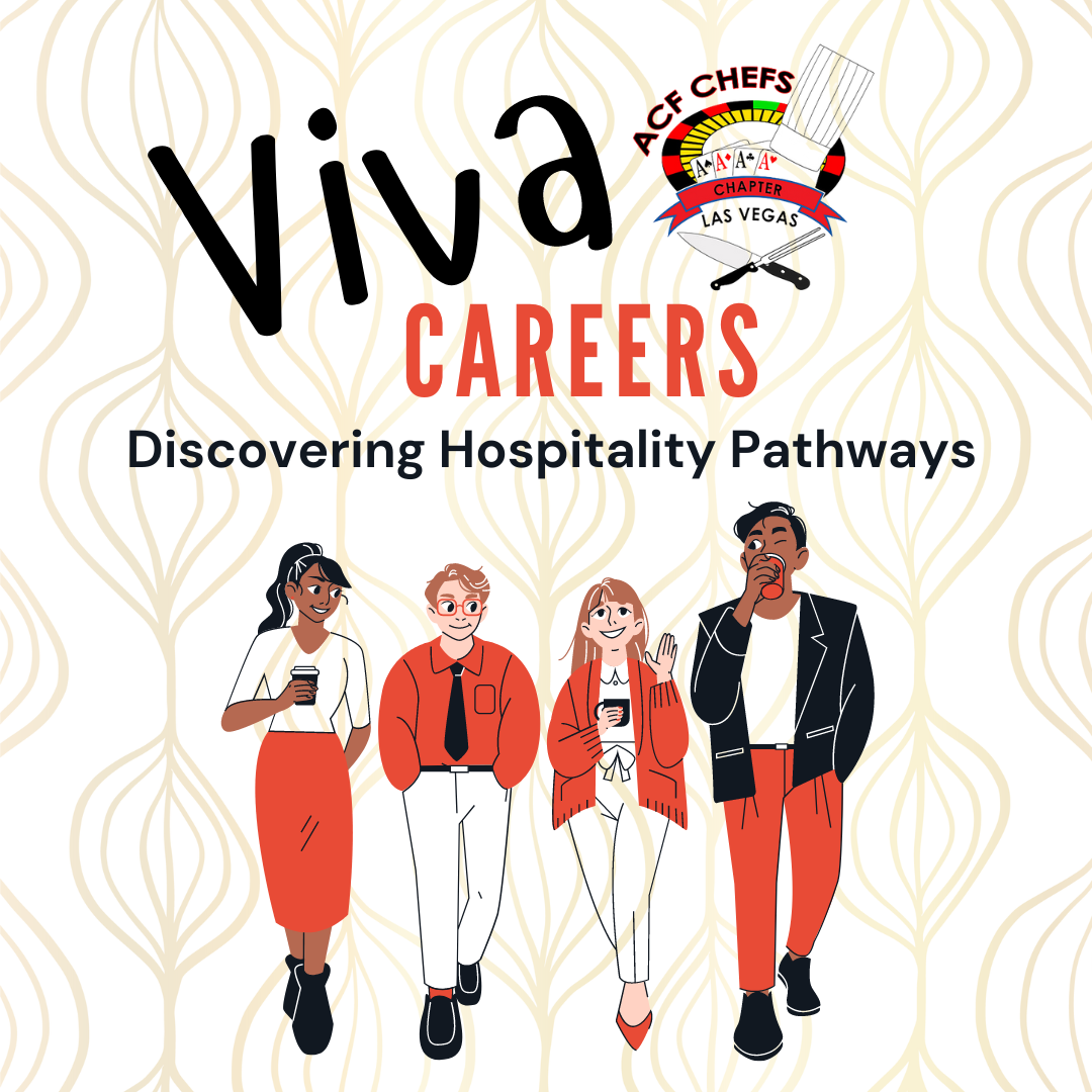 Text: Viva Careers Discovering Hospitality Pathways 4 cartoon college aged kids walking